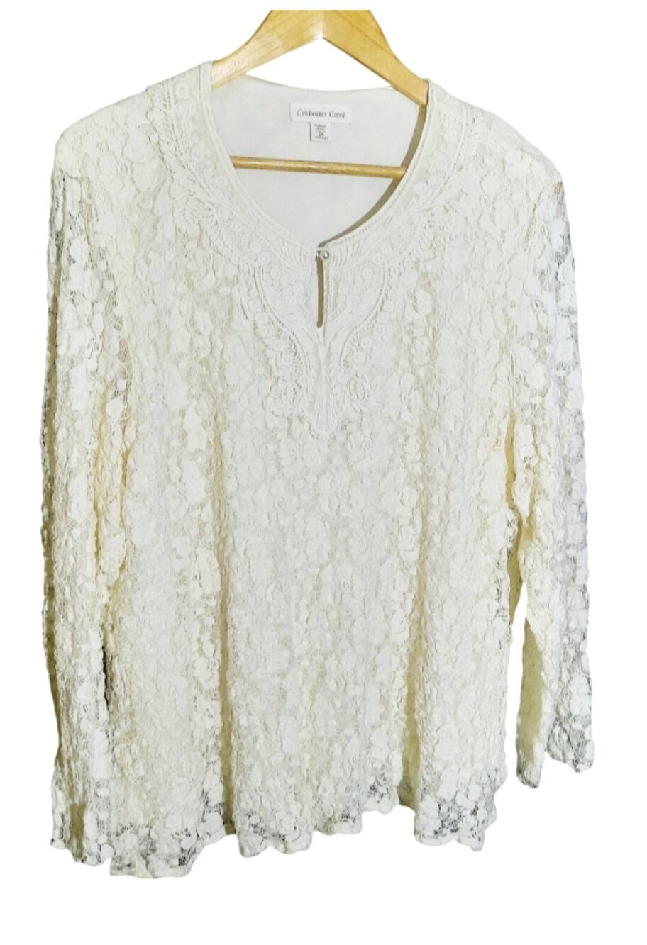 Coldwater Creek Womens Cream Long Sleeve Intricate Lace Patteren Top Size 2X
